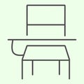 School desk thin line icon. Classroom student table and chair outline style pictogram on white background. Education and