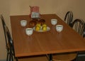 School dining room, lunch for students, school apple, school milk and cinnamon bun, school feeding