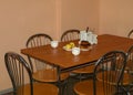 School dining room, lunch for students, school apple, school milk and cinnamon bun, school feeding