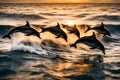 A school of dolphins playfully riding the waves, their silhouettes framed by the setting sun on the open sea