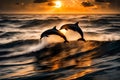 A school of dolphins playfully riding the waves, their silhouettes framed by the setting sun on the open sea