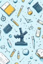 school doodle art, a light blue backdrop featuring hand-drawn doodles of study elements like microscopes, test tubes Royalty Free Stock Photo