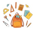 School doodle backpack with notebooks, rulers, protractor, pen, pencil, scissors, divider, rulers, calculator. Back to school