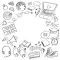 School Doodle vector set. learning of foreign languages. Hand drawn icons