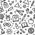 School doodles supplies, science tools, flowers, notes, and stars line the seamless pattern Royalty Free Stock Photo