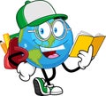 School Earth Globe Cartoon Character With Backpack Reading Book Royalty Free Stock Photo