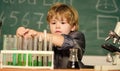 School education. Boy use microscope and test tubes in school classroom. Chemical analysis. Toddler genius baby. Science