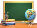 School education concept. Blackboard, books, globe and pencils.