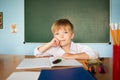 School and education concept. Little children at school lesson. Happy student writing in notebook in school classroom Royalty Free Stock Photo