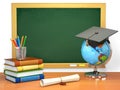 School education concept. Mortar board, blackboard, books, globe
