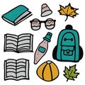 School and education doodles hand drawn vector symbols and objects. Colorful sticker style drawings. Teacher's day, Royalty Free Stock Photo