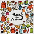 School and education doodles hand drawn vector symbols and objects. Colorful sticker style drawings. Teacher's day, Royalty Free Stock Photo