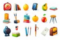 School and education icons. Character set. School bag, globe, book, fruit, compass, alarm clock, pencil, watch,