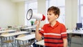 angry student boy speaking to megaphone at school Royalty Free Stock Photo