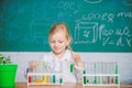 School education. Interesting approach to learn. Future scientist. Explore and investigate. School lesson. Girl cute Royalty Free Stock Photo