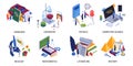 School education 8 isometric compositions with chemistry physics labs computer science class geography history language vector Royalty Free Stock Photo
