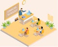 School education isometric with teacher and pupil at computer technology lesson. Learning process in classroom Royalty Free Stock Photo