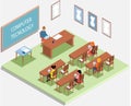 School education isometric with teacher and pupil at computer technology lesson. Learning process in classroom Royalty Free Stock Photo