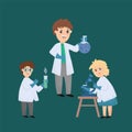 School education in the laboratory. Illustration children in Chemistry class. The teacher helps with homework. Science