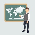 School Education, Learning Vector Concept. Cartoon geography teacher stands near a blackboard with a pointer. points a Royalty Free Stock Photo