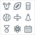 school education line icons. linear set. quality vector line set such as calendar, physics, medal, bell, divide, ball, calculator