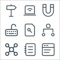 School education line icons. linear set. quality vector line set such as text editor, notebook, networking, hierarchy, search file