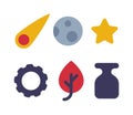 School Education Object with Star, Moon, Asteroid, Cogwheel, Leaf and Mass Vector Set