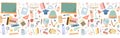 School education seamless border with cartoon school supplies, stationary. Back to scholl theme design Royalty Free Stock Photo