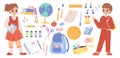 School education stationery. Books stack, paint brush and calculator. Study tools objects and funny pupil. Little Royalty Free Stock Photo