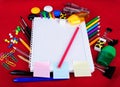 School education supplies items on a red Royalty Free Stock Photo