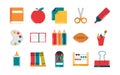 School education supply class stationery flat style icons set Royalty Free Stock Photo