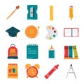 School education supply class stationery flat style icons set Royalty Free Stock Photo