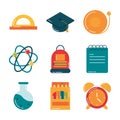 School education supply class stationery flat style icons set Royalty Free Stock Photo