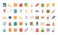 School education supply class stationery flat style icons set Royalty Free Stock Photo