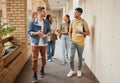 School, education and university students, people or group walking to class in campus community and studying. Diversity Royalty Free Stock Photo