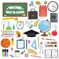 School and education workplace items. Vector flat illustration of school supplies. Royalty Free Stock Photo