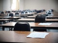 School empty cold exam class room desk and chair