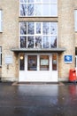 School entrance with white doors