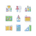 School essential equipment RGB color icons set Royalty Free Stock Photo