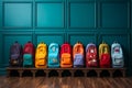 School essentials colorful backpacks on a wooden shelf, blue room Royalty Free Stock Photo