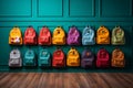 School essentials colorful backpacks on a wooden shelf, blue room Royalty Free Stock Photo