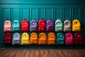 School essentials colorful backpacks on a wooden shelf, blue room Royalty Free Stock Photo