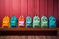 School essentials colorful backpacks on a wooden shelf, blue room Royalty Free Stock Photo