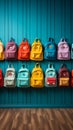 School essentials colorful backpacks on a wooden shelf, blue room Royalty Free Stock Photo