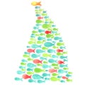School of fish Christmas tree watercolor illustration.