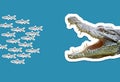 School of fish escaping predator crocodile jaws illustration