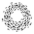 School of fish. A group of silhouette fish swim in a circle. Marine life. Vector illustration. Tattoo. Logo fishes.