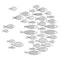 School of fish. A group of stylized fish swimming in a circle. Black and white fish for children with ornaments. Marine