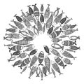 School of fish. A group of stylized fish swimming in a circle. Black and white fish for children with ornaments. Marine