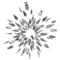 School of fish. A group of stylized fish swimming in a circle. Black and white fish for children with ornaments. Marine